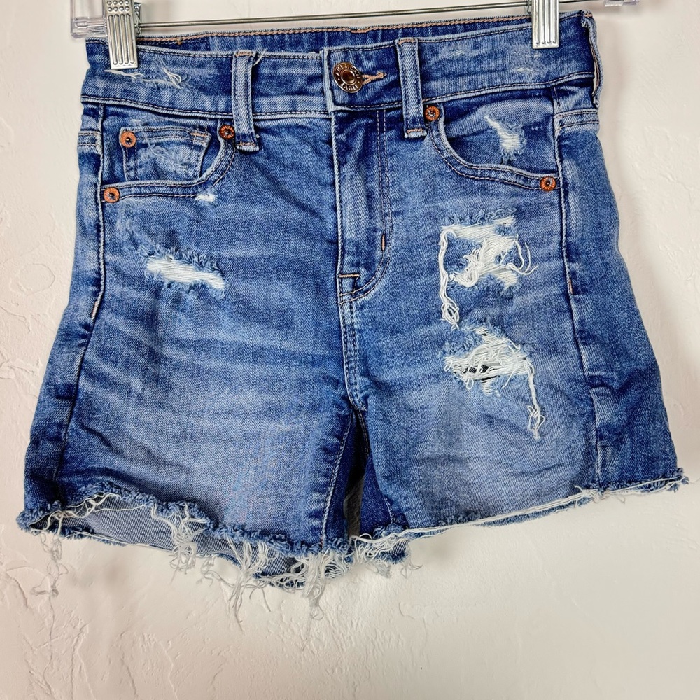 American Eagle Shorts Hi Rise Shortie Denim Jean Medium Wash Blue Ripped Stretch